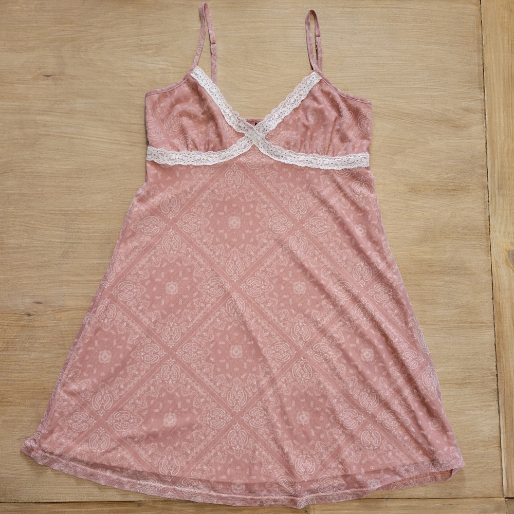 Y2K Aesthetic rue21 Pink Paisley Slip Dress with Lace Trim Size Medium